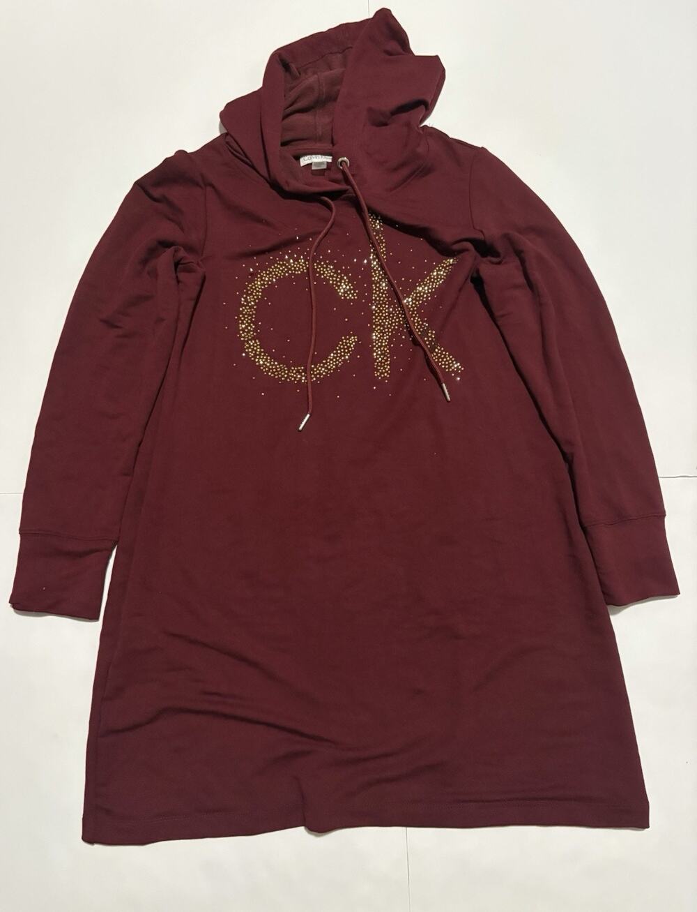Calvin Klein Women’s Large Burgundy Hoodie Dress Gold Rhinestone Logo NWT